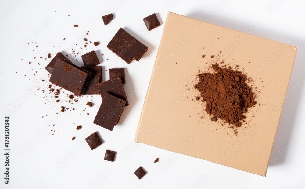 Fototapeta premium Dark chocolate pieces and powder on tan box cocoa