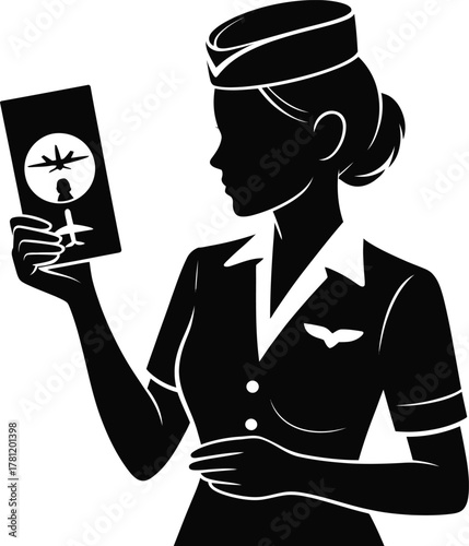 Black silhouette of a professional female flight attendant in uniform with a friendly pose isolated on white background