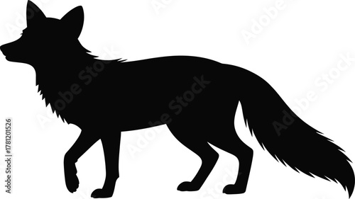 A stark black silhouette of a wild fox in a dynamic pose captured as a clean vector graphic isolated on white background