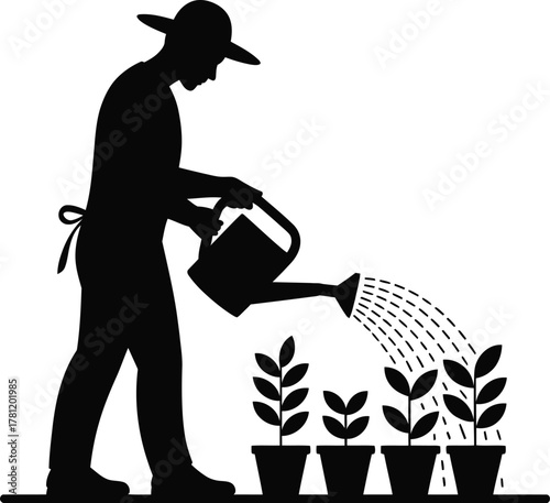 Black silhouette of a gardener holding a watering can and tending to plants isolated on white background