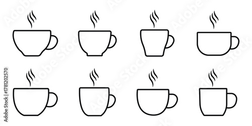 Coffee and Tea Cup Icons. Minimal Line Style, Barista Drink Vector Set. Coffee icon line design.