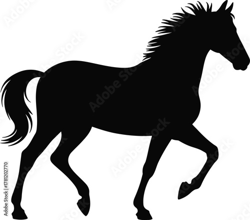 Elegant black silhouette of a majestic horse in a dynamic pose isolated on a clean white background perfect for graphic design and branding projects isolated on white background