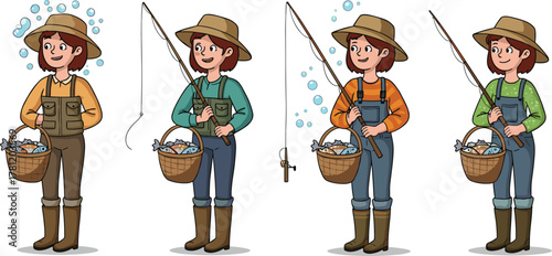 Cartoon fishers with fishing rods, vector outdoor activity illustration, basket of fish, colorful outfits, rural lifestyle, character design concept