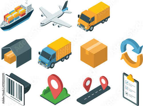 Isometric delivery and logistics icons set with truck, airplane, cargo ship, warehouse, barcode, package, location pin, and route