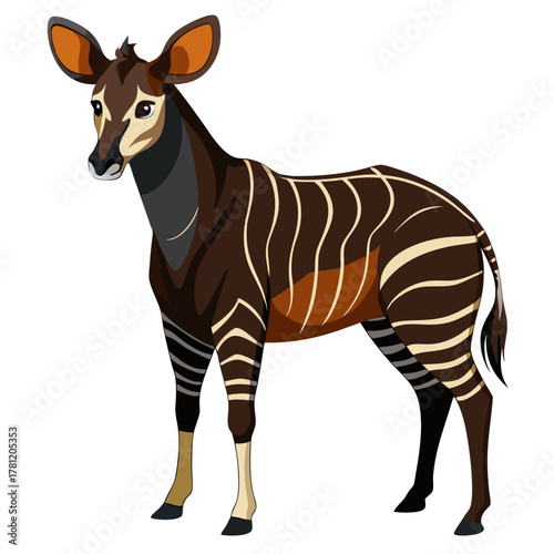 A brown bongo antelope with white stripes stands facing left on a