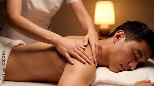Young man receiving a relaxing back massage in a calm spa setting  