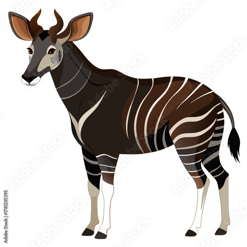 A male bongo antelope with curved horns and white stripes stands facing left on a