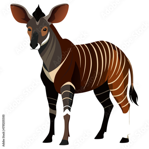 A bongo antelope with brown and grey markings and white stripes standing on a