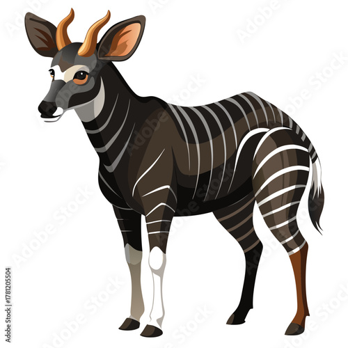 A detailed vector illustration of a male bongo antelope with prominent spiral horns, showcasing its distinctive reddishbrown coat with white stripes