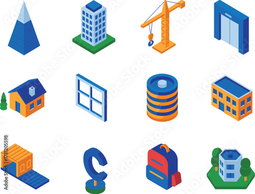 Isometric city buildings and construction icons featuring houses, offices, cranes, containers, and modern architecture in blue and orange style
