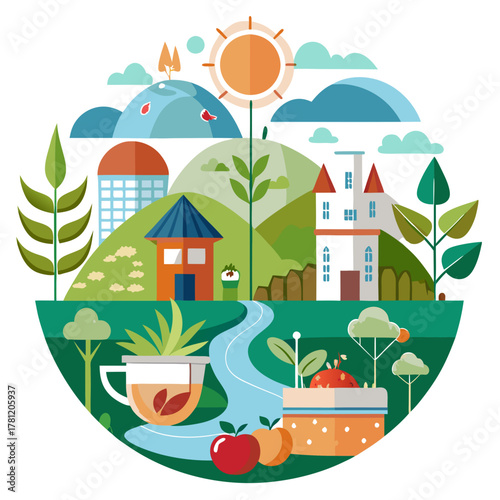 A vibrant, stylized illustration showcasing a picturesque landscape with rolling hills, quaint houses, a winding river, and elements of nature like plants and fruits