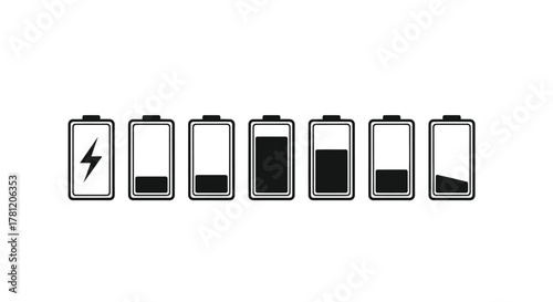 Set of battery charge level indicator icons showing various states from full to empty