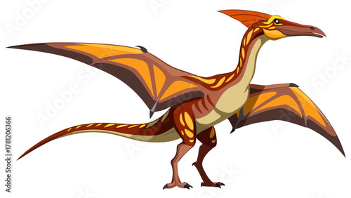 A brown and orange pterodactyl with patterned wings in midflight