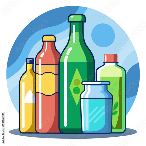Assortment of colorful glass bottles and jars with various liquids inside, set against a blue circular background