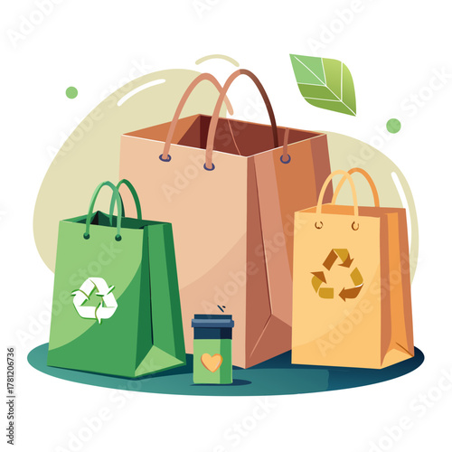 Ecofriendly shopping bags with recycling symbols and a coffee cup, promoting sustainability and environmental awareness