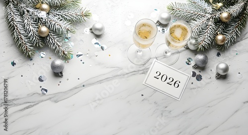 Elegant new year 2026 celebration with champagne flutes, snowcovered fir branches, and silver ornaments on a marble surface, creating a festive atmosphere