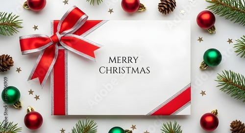 Festive merry christmas card with red ribbon, ornaments, and pine cones on a white background, perfect for holiday greetings isolated on white background