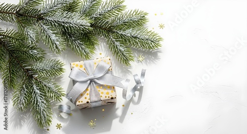 Festive christmas gift box with a silver ribbon and snowy fir branches on a white background, creating a bright and elegant holiday scene isolated on white background