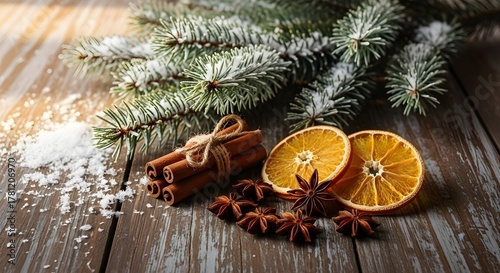 Festive christmas still life with fir branches, cinnamon sticks, dried orange slices, and star anise on a rustic wooden surface creating a cozy atmosphere