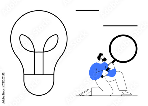 Man kneeling with magnifying glass examining oversized abstract light bulb. Ideal for innovation, creativity, analysis, research, problem-solving, brainstorming, business strategy, simple flat