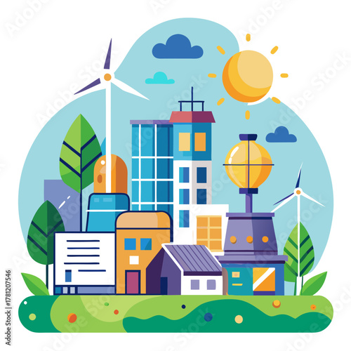 A stylized depiction of a futuristic city powered by clean energy, showcasing wind turbines, solar panels, and innovative architecture for a sustainable urban environment