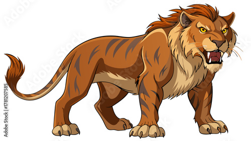 An angry sabertoothed tiger roaring with its mouth open, revealing sharp teeth, isolated on a, embodying primal ferocity and untamed nature