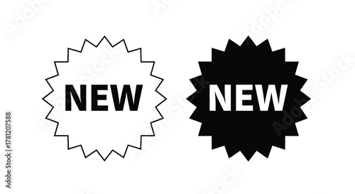 A set of black and white starburst sticker icons with the word 'New' inside for promotion