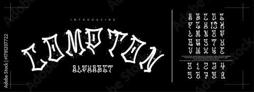 Compton font. Teenage Riot Gangsta Alphabet for football fans, hooligans and rappers. Bold white letters. American Cuba Loco Bronx and Loco style