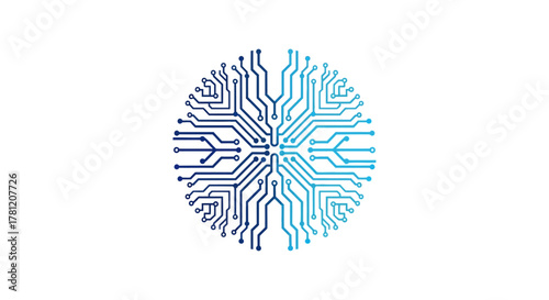 A circular circuit board pattern resembling a human brain, symbolizing technology and artificial intelligence.