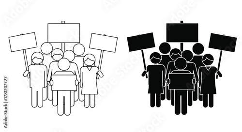 Icon set of a crowd of people protesting with blank signs for social movements and rallies