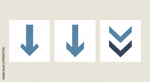 Three downward pointing arrow icons in blue tones on a beige background.