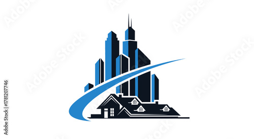 A stylized logo featuring a house in front of a city skyline with a swoosh.