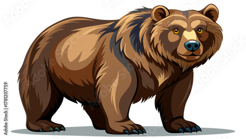 Brown bear standing on all fours, with a thick coat of fur and a gentle expression