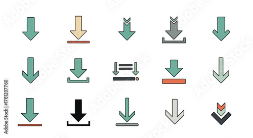 A collection of various download icons in different styles and colors, representing digital data transfer.