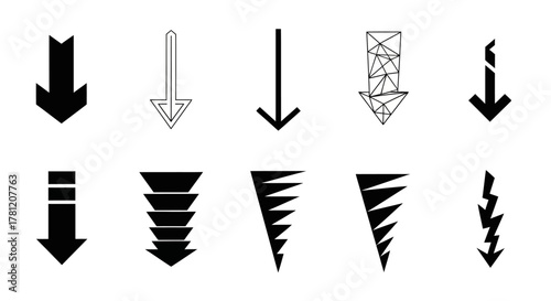 Collection of ten different downward-pointing arrow icons, each with a unique design and style.