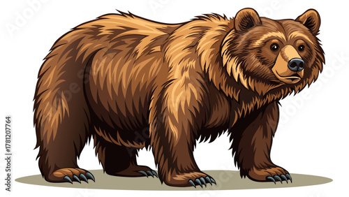 A detailed illustration of a brown bear with shaggy fur, standing alert, isolated on a