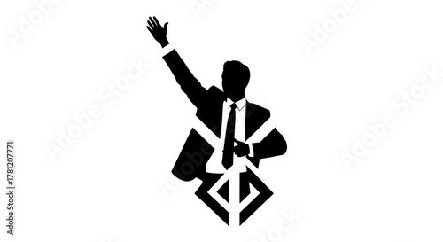 Silhouette of a man in a suit raising his arm, with a stylized symbol below.