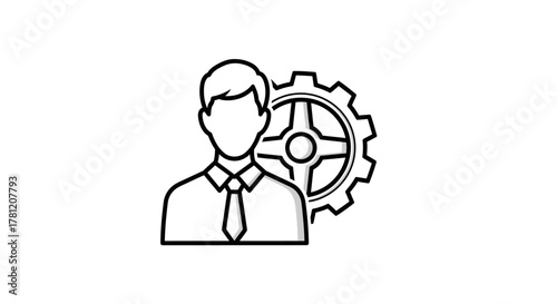 Line art icon of a professional manager or engineer with a gear symbol.