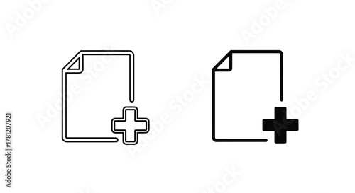 Adding a Document Simple Icons for File Management, Illustrated with a Plus Sign, Editable Vectors