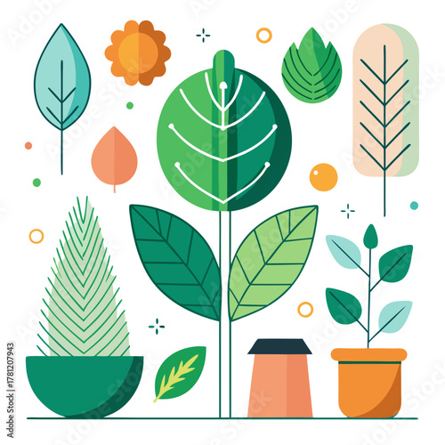 Collection of stylized flat design plants and leaves in pots and bowls, in shades of green, teal, and orange, with decorative elements