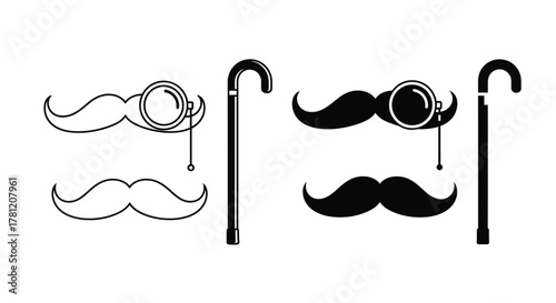 Black and white vector icons of classic gentleman's accessories mustaches, monocle, and walking cane