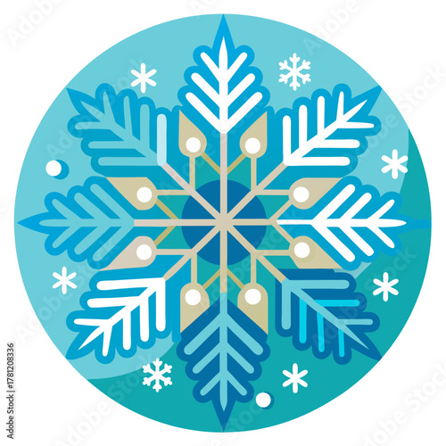 A stylized, geometric snowflake illustration with a teal background, featuring intricate patterns and a symmetrical design, evoking a sense of winter