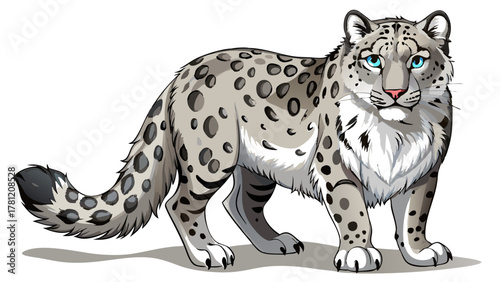 A charming cartoon snow leopard with piercing blue eyes, captured in a side profile on a clean
