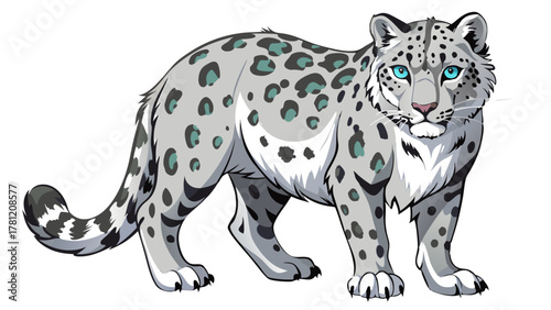 A majestic snow leopard with piercing blue eyes stands alert, its thick, spotted fur blending with a snowy mountain landscape, a powerful predator in its natural habitat