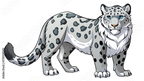 A majestic snow leopard with piercing blue eyes stands alert, its thick, spotted fur blending with a snowy mountain landscape, a powerful predator in its natural habitat
