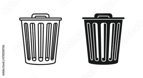Clean and Filled Trash Can Graphic Icons for Deletion, Disposal, and Waste Management Symbols