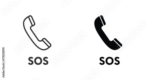 Two icons of a telephone handset, one in outline and one solid, with the text SOS below each