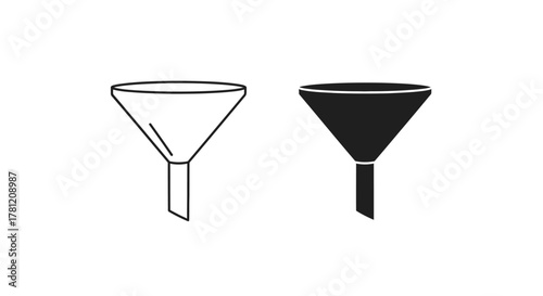 Minimalist black and white funnel icons in outline and glyph styles for data filtering and sales conversion concepts