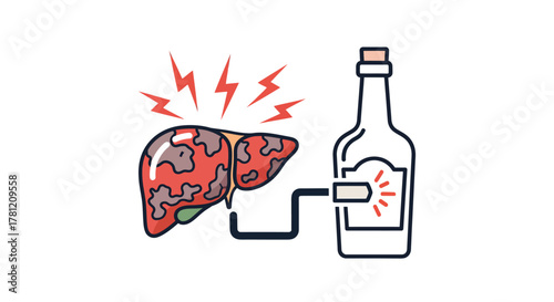 Damaged Liver Connected to Alcohol Bottle Illustrating the Harmful Effects of Drinking