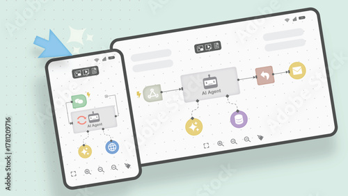 AI workflow automation interface with nodes and triggers displayed on smartphone and tablet screens. Concept of intelligent assistant interaction, mobile UI, and process visualization. Vector 